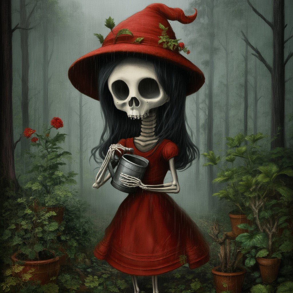 skeleton girl,solo,looking at viewer,black hair,hat,dress,holding,standing,flower,short sleeves,outdoors,tree,leaf,red dress,plant,red flower,nature,forest,rain,skull,potted plant,skeleton,horror (theme),what,watering can, lowbrow art style, surreal,, <lora:LowBrowF1D:1>