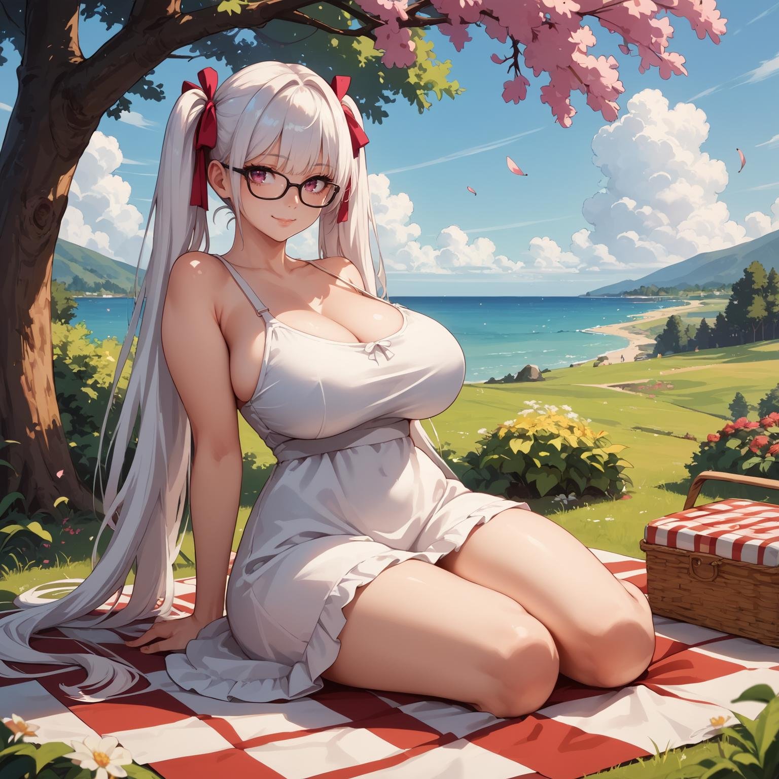 score_9, score_8_up, score_7_up, source_anime, masterpiece, very aesthetic, best quality, anime,twintails, long hair, black glasses, magenta eyes, white hair, hair ribbons, slight smile, petite, short girl, huge breasts, wide hips, sundress, outside, picnic, sitting, pubic park, cherry tree,(by stable diffusion:.25),