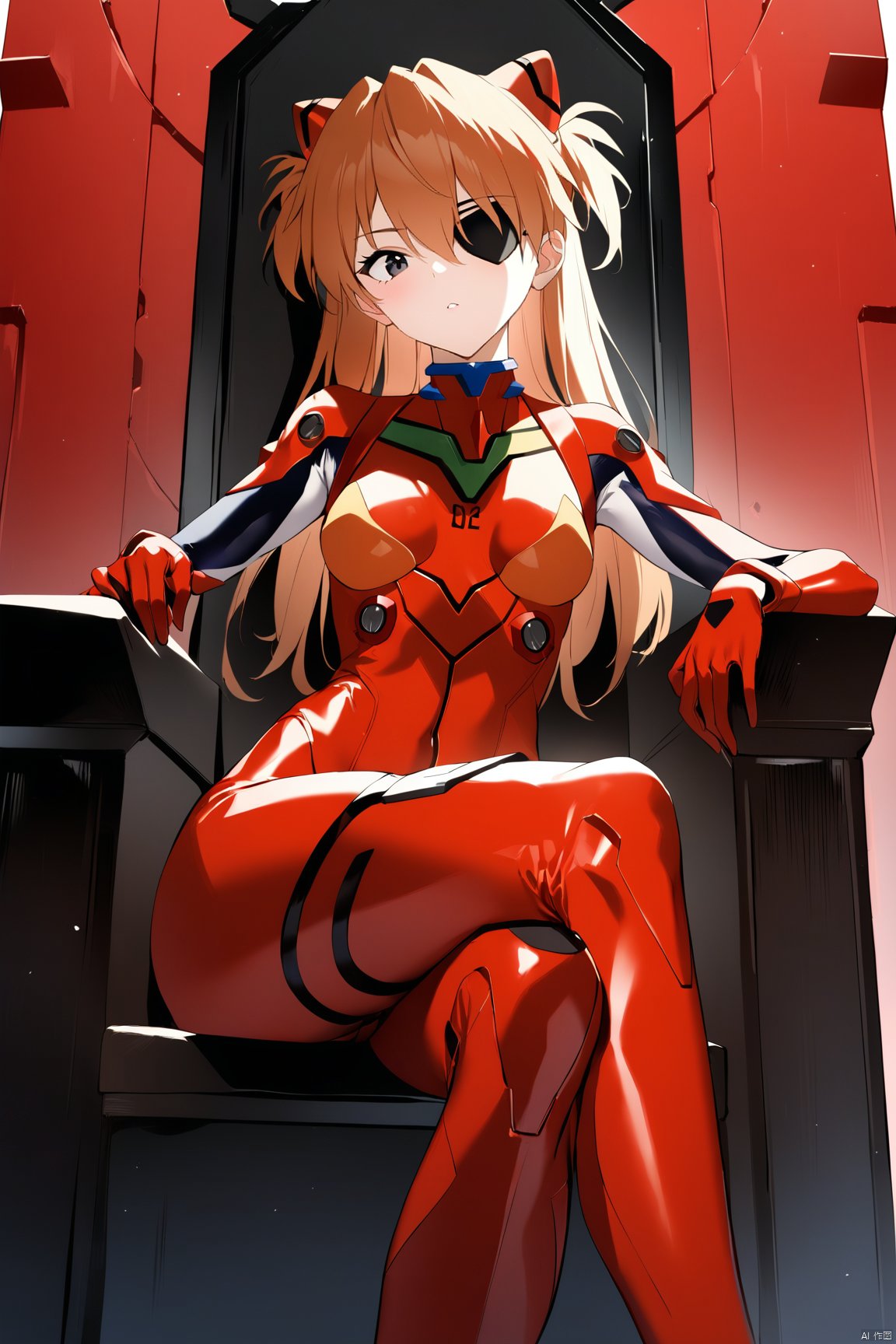 1girl, souryuu asuka langley, neon genesis evangelion, rebuild of evangelion, lance of longinus, cat hat, plugsuit, pilot suit, red bodysuit, sitting, crossed legs, black eye patch, throne, looking down, from bottom, looking at viewer, outdoors, masterpiece, best quality, very aesthetic, absurdres