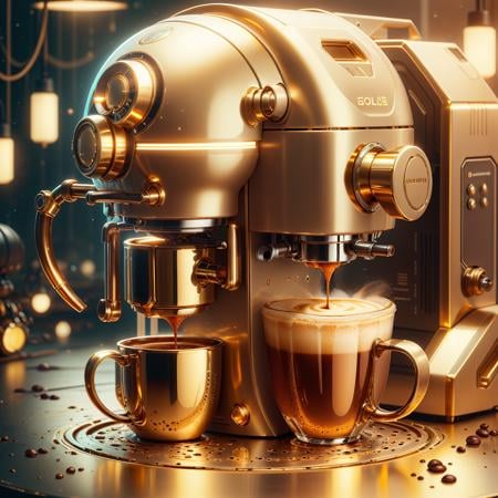 <lora:GoldenTech-20:0.8>,goldentech  ,scifi,  golden, reflective , coffee machine , mug, 