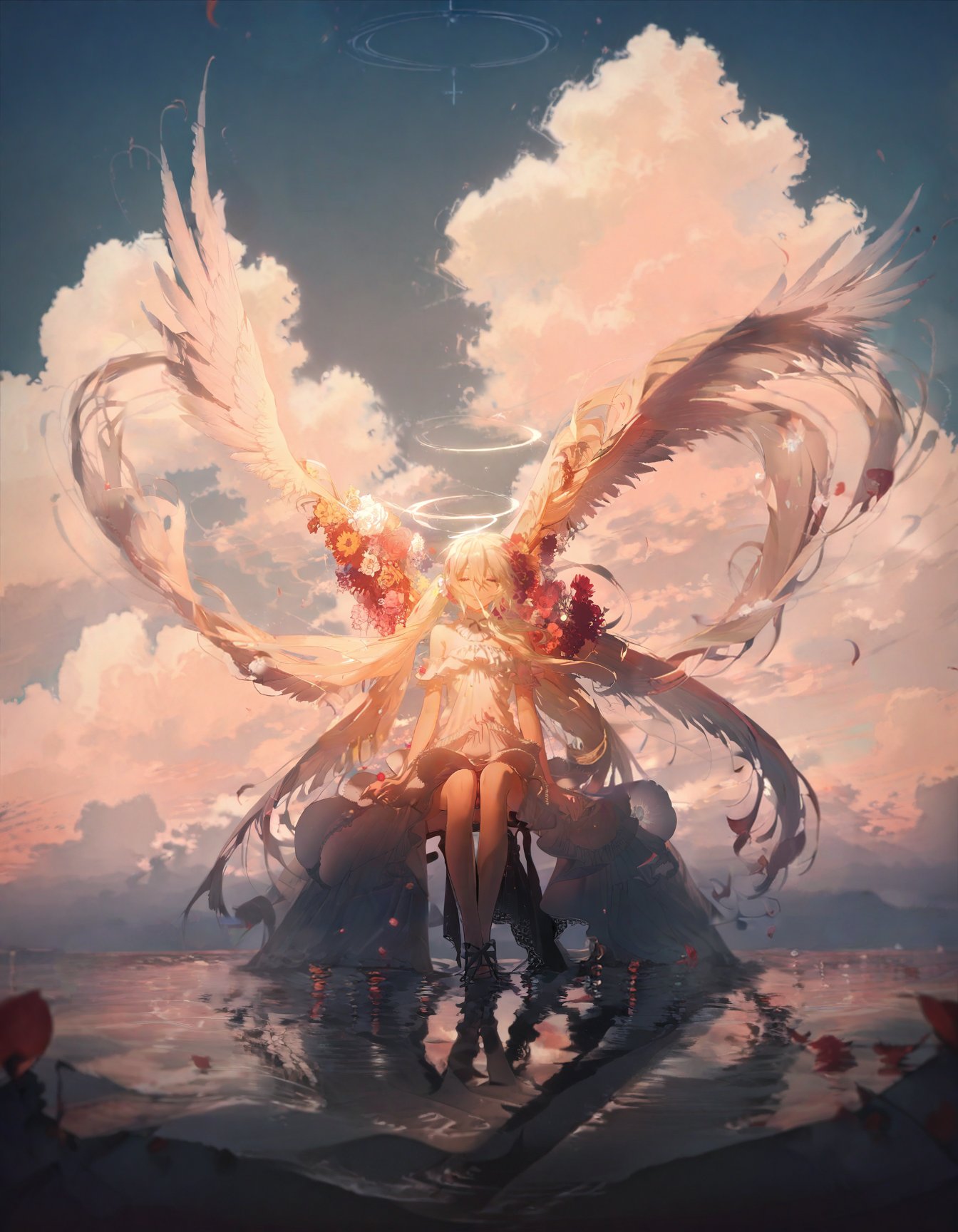 detailed, aesthetic, beautiful, beautiful color, amazing quality, best quality, 1girl, solo, long hair, dress, hair between eyes, bare shoulders, sitting, very long hair, closed eyes, flower, white hair, outdoors, wings, sky, cloud, water, white dress, floating hair, halo, cloudy sky, feathered wings, angel wings, angel, soaking feet, <lora:Rella:1>