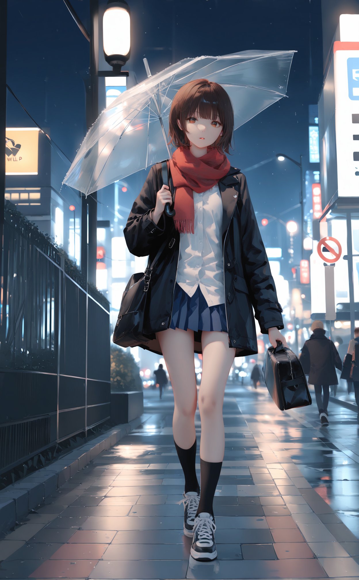 (masterpiece),(best quality),illustration,ultra detailed,hdr,Depth of field,(colorful),loli,[Artist:wlop],Artist:hiten_(hitenkei),[[Artist:sheya]],umbrella,scarf,holding umbrella,rain,skirt,outdoors,holding,1girl,red scarf,brown hair,bag,sky,blue skirt,night,pleated skirt,shoes,socks,coat,sneakers,looking at viewer,short hair,shirt,brown eyes,1boy,transparent,transparent umbrella,city,building,open clothes,standing,cloud,walking,long sleeves,white shirt,cloudy sky,jacket,parted lips,sign,miniskirt,shoulder bag,lamppost,open coat,solo focus,full body,road sign,