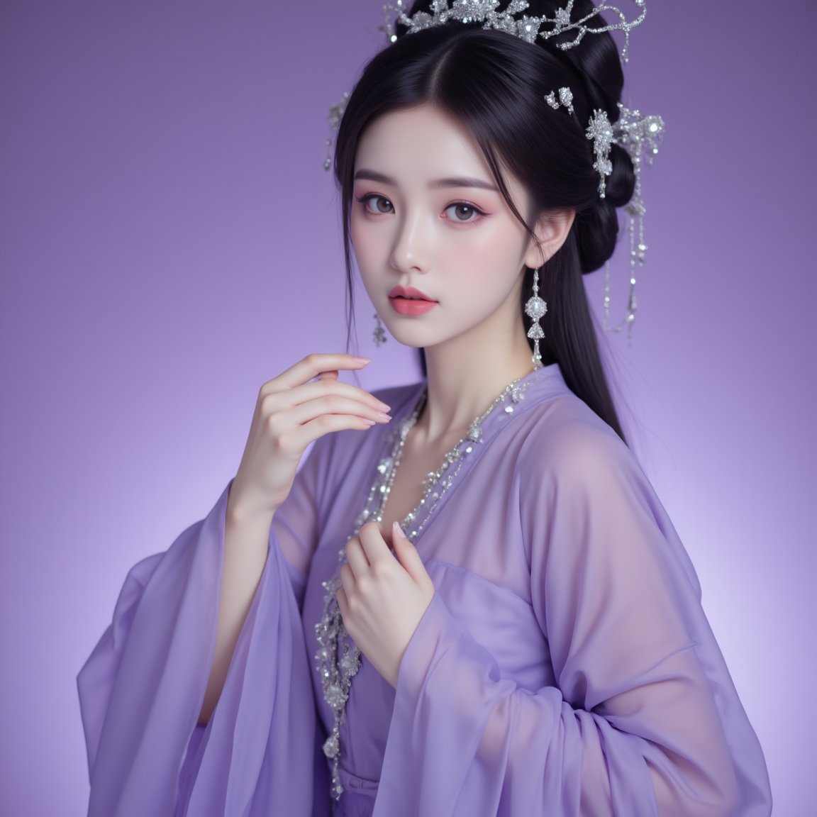 Photograph, elegant woman in traditional Chinese attire, Tang dynasty, intricate headdress with silver ornaments, delicate jewelry, flowing purple robes, serene expression, delicate hand gesture, soft purple background, ethereal and mystical ambiance, inspired by ancient Chinese dynasties.<lora:极品超模V8_2.0:0.8>