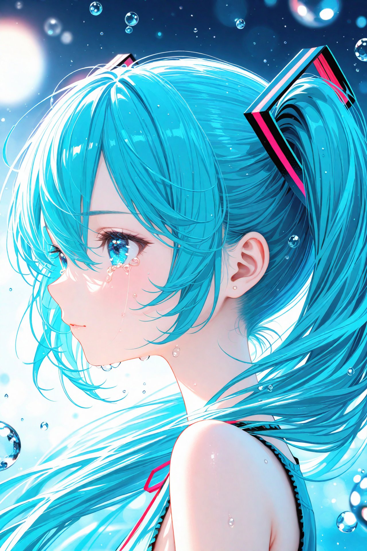 (masterpiece),(best quality),illustration,ultra detailed,hdr,Depth of field,(colorful),nai3 Style, 1girl, solo, hatsune miku, long hair, twintails, tears, from side, profile, crying, bare shoulders, aqua eyes, bubble, portrait, blue hair, hair ornament, crying with eyes open, blurry, blue eyes, aqua hair, hair between eyes, water drop, closed mouth, sleeveless, upper body