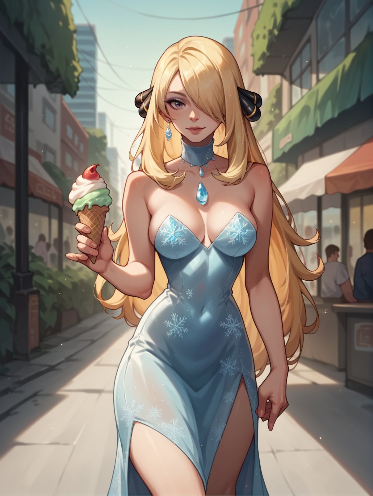 score_9, score_8_up, score_7_up, score_6_up, score_5_up, score_4_up, intricate, highly detailed,cynthia wearing an ice dress, <lora:ice_dress-PD-1.0:1>,holding an ice cream, city street