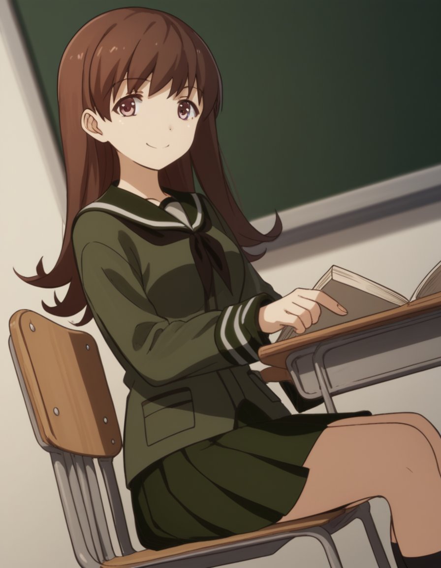 score_9, score_8_up, score_7_up, source_anime, <lora:kacolle-ooi-s1-ponyxl-lora-nochekaiser:1>, ooi, long hair, brown hair, brown eyes, ooi (kancolle), skirt, school uniform, pleated skirt, serafuku,, classroom, chalkboard, day time, studying, sitting, chair, desk,, smile, looking at viewer, smile, from below, solo,, cowboy shot, dutch angle