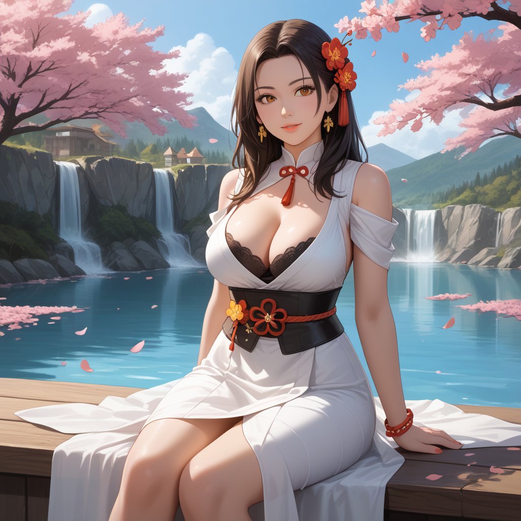 (,1girl, ,best quality, ),,  ,ultra realistic 8k cg,, ,masterpiece, (( , )),, ,      ,  orange blossoms,  (cleavage),,  (), ,(sit),