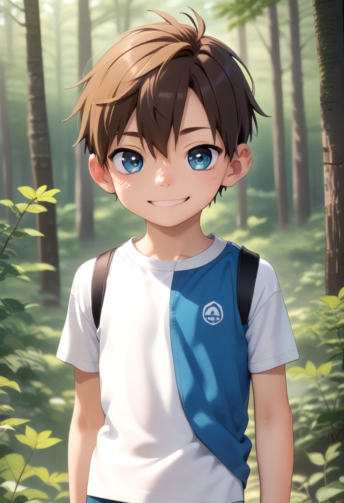 score_9, score_8_up, score_7_up, detailed eyes, forest, BREAKstraight on shot, standing,  <lora:PerfectEyesXL:0.8> perfecteyes, <lora:cutifiedanimecharacterdesign_variant_type_D_PonyXL_v10:0.8> 1boy, type-d,brown hair, shirt,  petite, young, smile || bright smile,full shot,bagpack