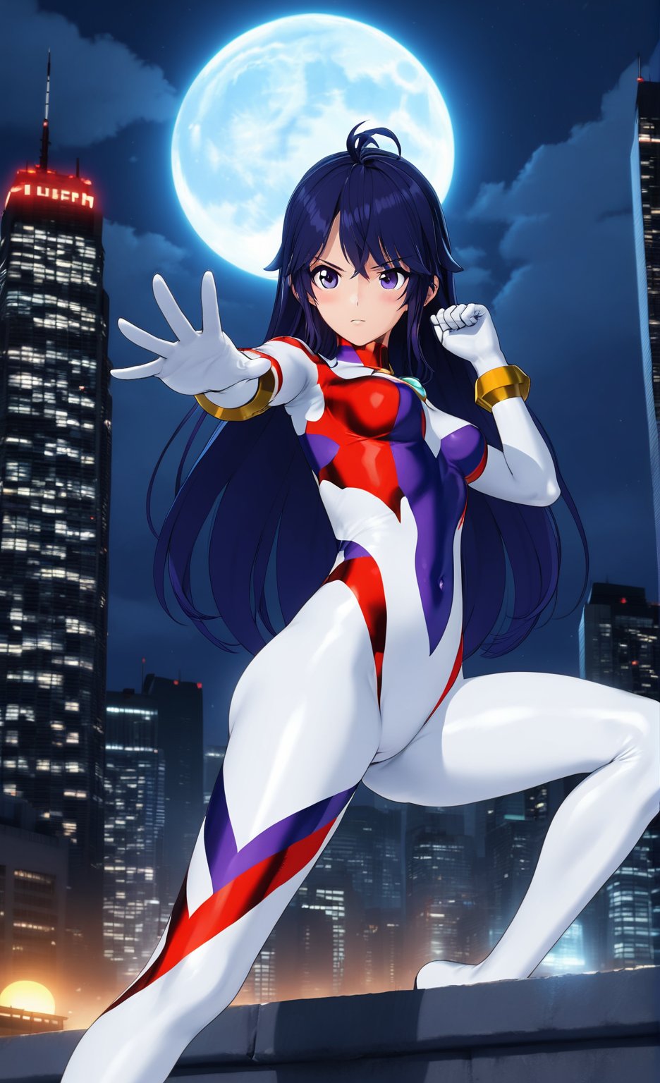 1girl, ultragirl diana, white bodysuit, fighting stance, night, outdoors, moon, Skyscraper, city<lora:EMS-248183-EMS:0.600000>, <lora:EMS-326858-EMS:0.600000>, <lora:EMS-368829-EMS:0.600000>