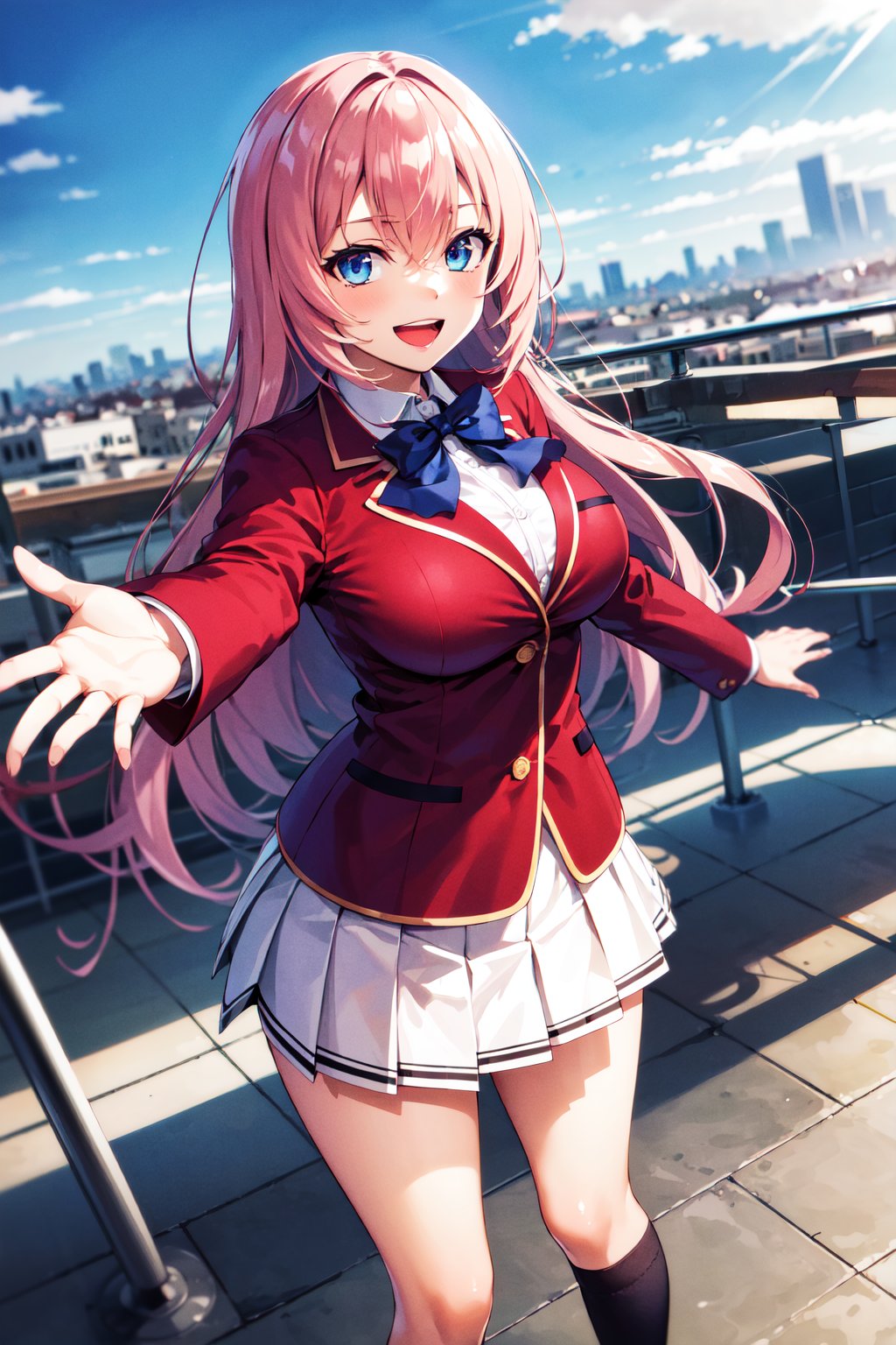 masterpiece, best quality, highres, aahonami, long hair, pink hair, blue eyes, school uniform, blue bowtie, blazer, red jacket, long sleeves, pleated skirt, white skirt, <lora:ichinose_honami_v1:0.7>, rooftop, standing, city, outstretched arms, smile, open mouth