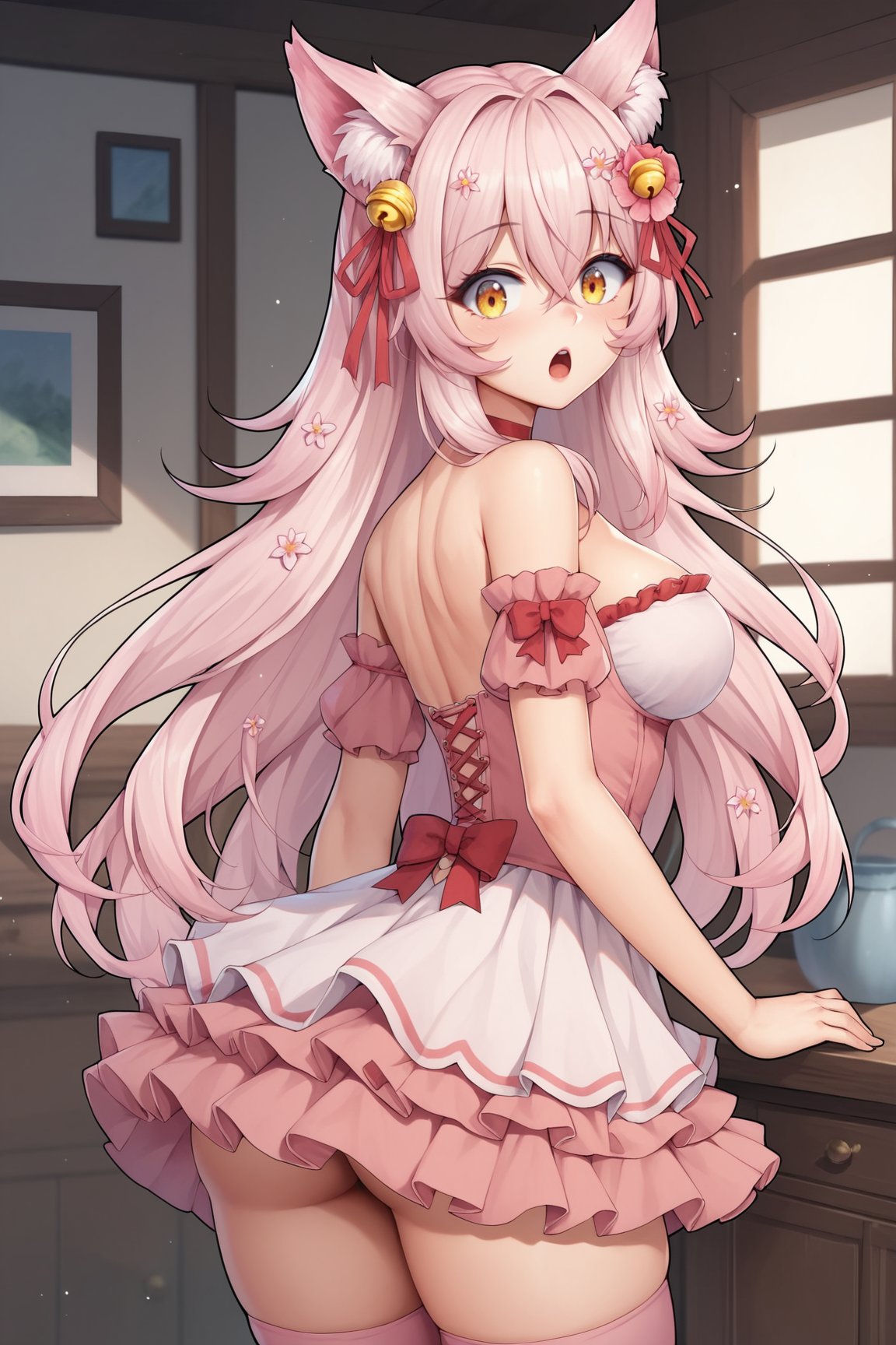 score_9, score_8_up, score_7_up, score_6_up, score_5_up, score_4_up, KitsunnyStarVTXL, animal ears, animal ear fluff, yellow eyes, pink hair, long hair, sidelocks, hair between eyes, hair ornament, hair flower, hair bell, red choker bell, medium breasts, bare shoulders, cleavage, pink dress, red ribbon, pink skirt, frills, pink thighighs, solo, standing, from behind, ass focus, big ass, surprised, looking at viewer, indoors  <lora:KitsunnyStarVTXL:0.8>