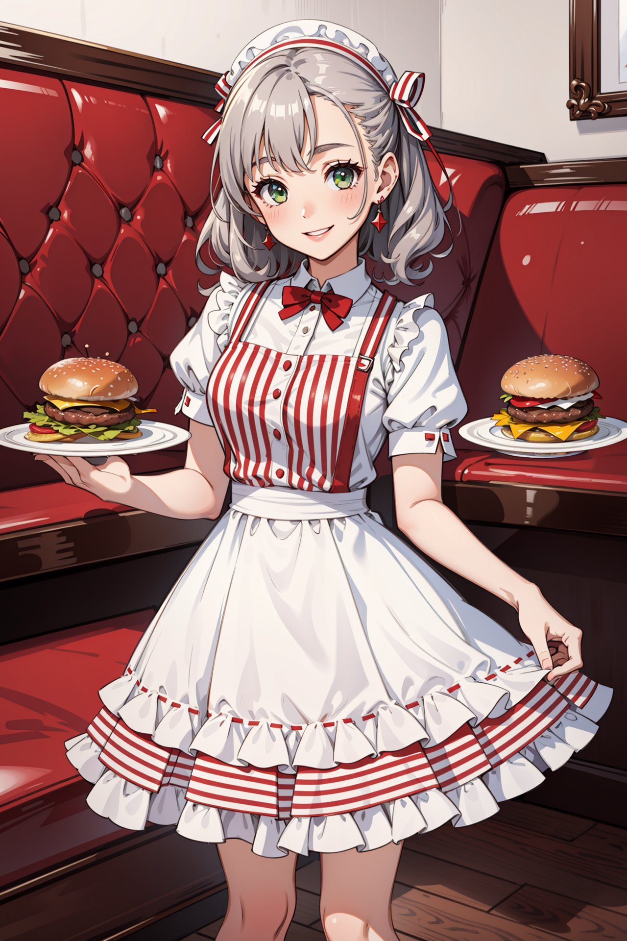 1girl, 1950 waitress, striped dress, red and white dress, smiling, burger local, silver plate, green eyes,