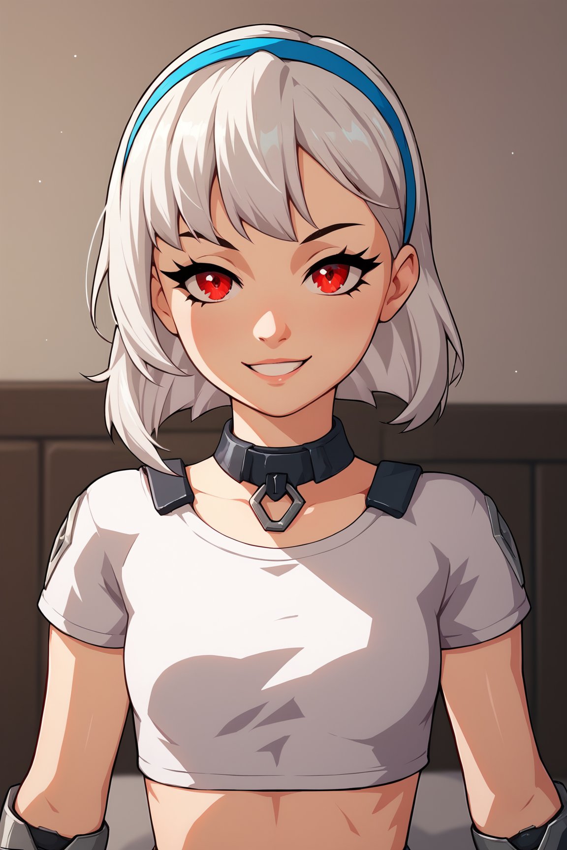 score_9, score_8_up, score_7_up, score_6_up, score_5_up, score_4_up, LexaFEXL, red eyes, white hair, short hair, blue hairband, bangs, black collar, mechanical arms, small breasts, white crop top, short sleeves, solo, front view, (portrait, upper body), solo focus, seductive smile, looking at viewer, indoors <lora:LexaFEXL:0.9>