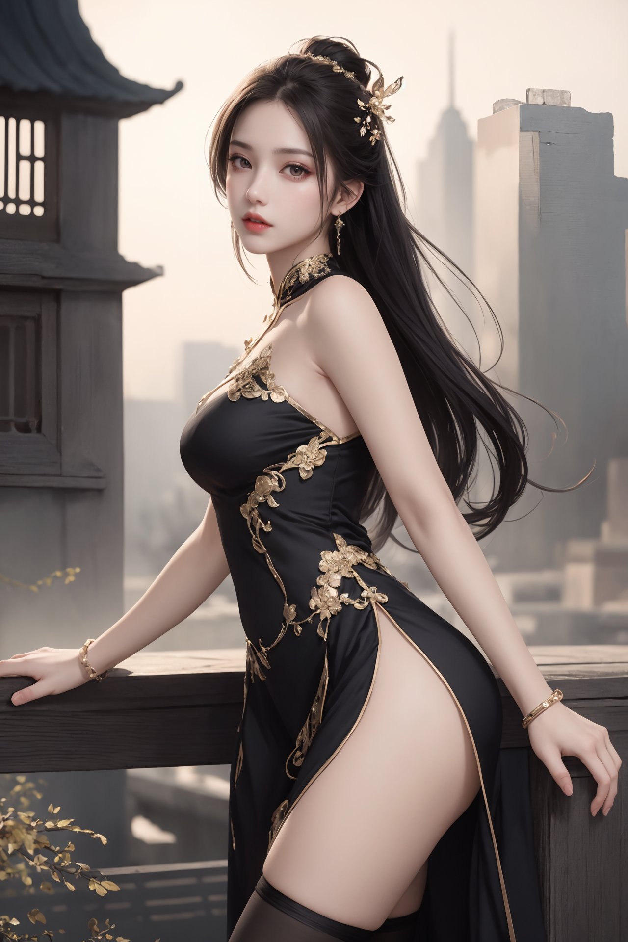 1girl, black hair, breasts, building, chinese clothes, dress, earrings, facial mark, forehead mark, hair ornament, jewelry, lips, long hair, looking at viewer, makeup, solo, thighhighs <lora:eye:0.8>