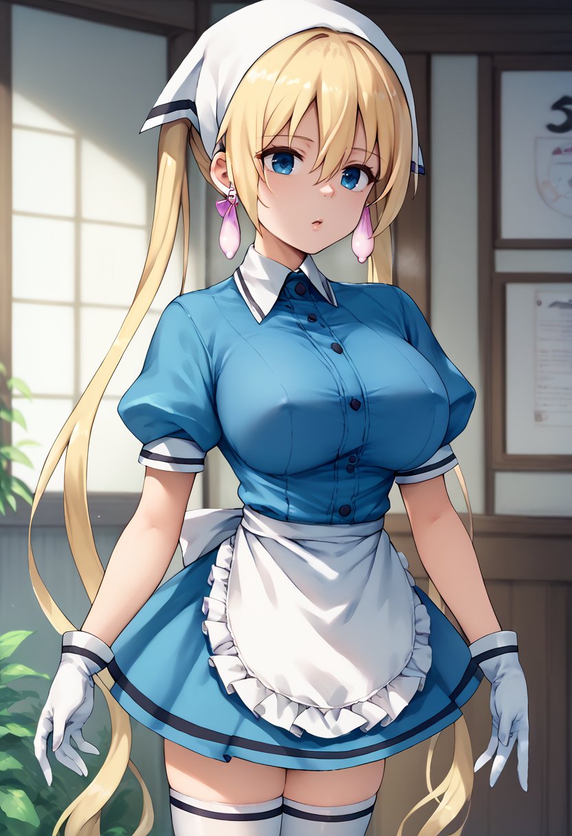 score_9, score_7_up,   1girl,  condom earring,    <lora:Condom earrings-000007:1>   <lora:kaho no warmup:1> Kojikaho, blonde hair, low twintails, blue eyes, white head scarf, blue dress, short sleeves, waist apron, white gloves, white thighhighs, puffy sleeves, large breasts