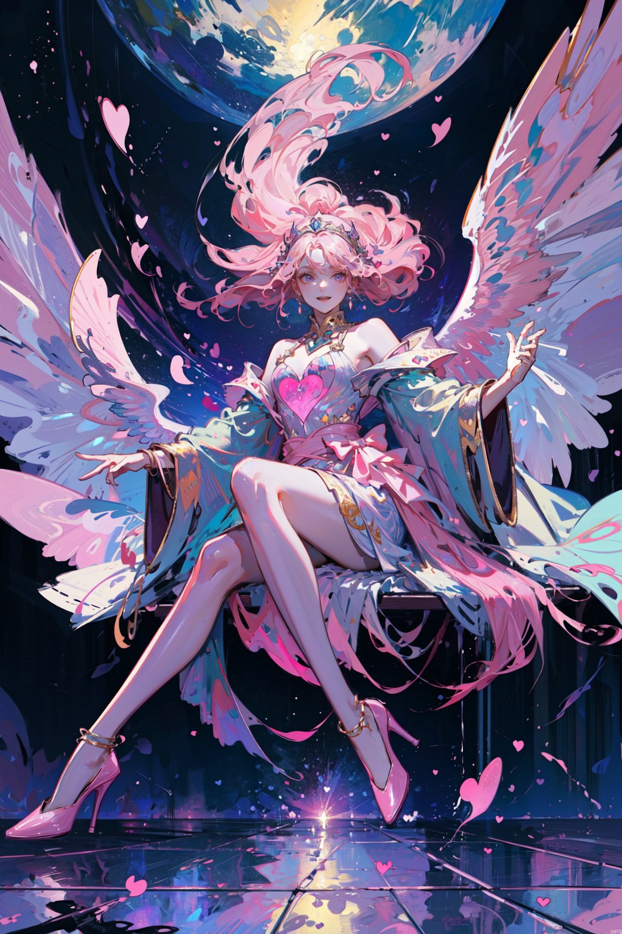 ((best quality, masterpiece, absurbres, super-resolution))  dream, surreal background, floating, universe, godly, mythical, heavenly, extravagant outfit , (((pink hearts)))