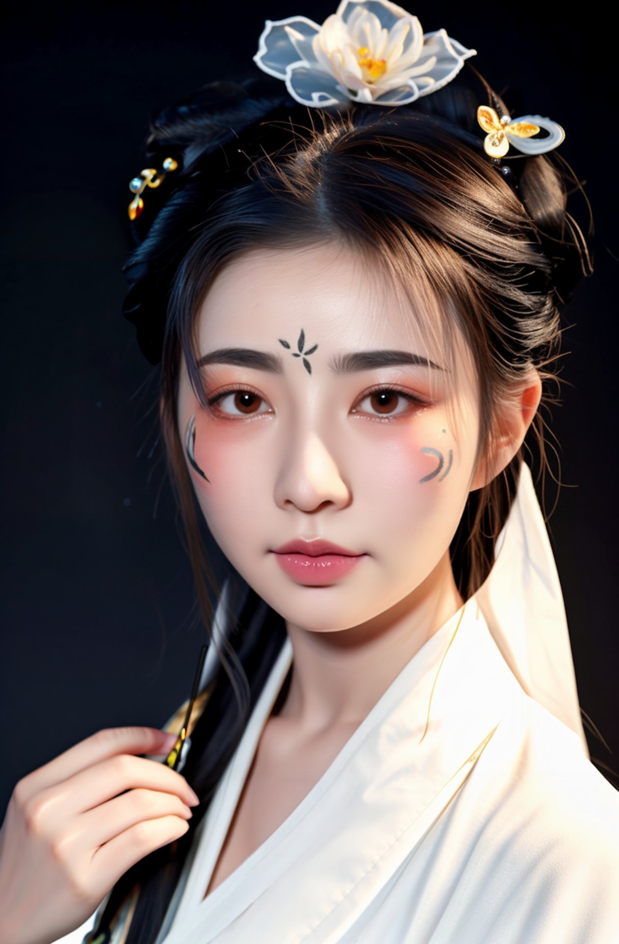 face close up,a photo of a 18 year-old Chinese woman Hanfu from r/nakedhanfu,(best aesthetic:1.2) and (best quality:1.2) and (photorealistic:1.4) and (Realistic:1.4) and Detailed Skin Textures and detailed skin pores and high skin detail,<lora:naked hanfuV1:0.85>, <lora:LCM_LoRA_Weights_SD15加速器:0.7>, Detailed facial features, (looking at viewer and facing viewer)  hair ornament,chinese clothes,hair flower,jewelry,(facial mark:1.3 ),(forehead mark:1.3),(black background:1.2),simple background, butterfly hair ornament