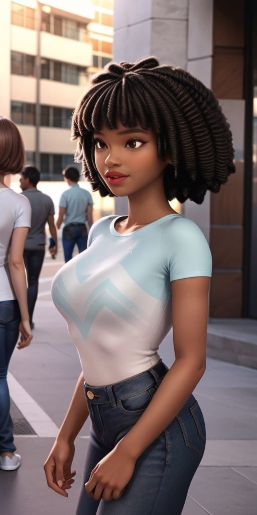 Hyperrealistic, photorealistic, super detailed, jeans, T-shirt, brown hair done in dreadlocks, expressive brown eyes, fifteen years old, body like in real life, large pores, (slender), dark-skin, beautiful arms, very little breasts, thin legs, unreal engine, octane render, droped shadow, bokeh, cinematic lighting, <lora:add_detail:0.5>, <lora:Volumetric_lighting:0.6>, Brown hair done in dreadlocks, Brown eyes, Dark-skinned, Aeon, , <lora:fa9a7bed-1e27-409e-864e-c3eea78a0602:0.7>