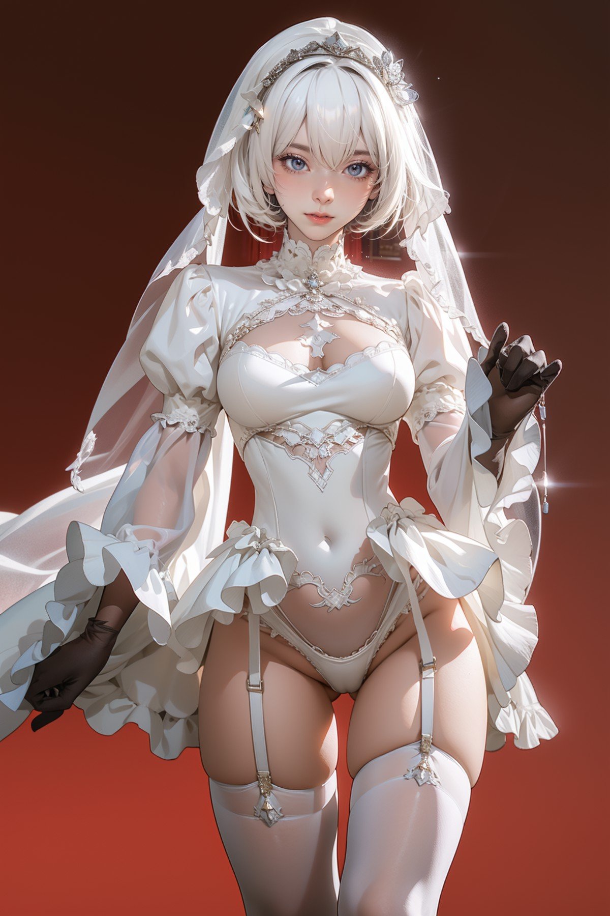 1girl,solo,red background,thigh gap,,ruanyi0618,bridal veil,frills,frilled sleeves,long sleeves,white leotard,white thighhighs,wide sleeves,see-through,veil,garter belt,clothing cutout,<lora:0618 2B white wedding dress_v1:1>, best quality,masterpiece,highres,official art,extremely detailed cg unity 8k wallpaper