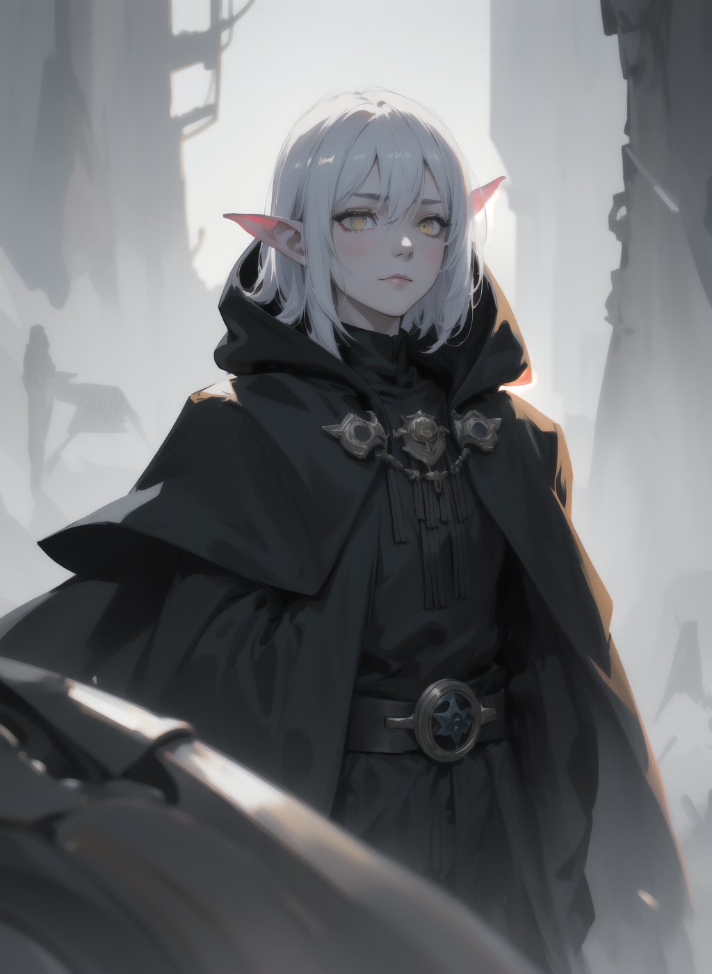 Emet Selch, 1boy, armor, bangs, black robe, hood, hood down, looking at viewer, male focus, parted bangs, full lips, pale, blush vampire, pauldrons, portrait, robe, short hair, upper body, white hair, yellow eyes, dynamic angle, dynamic pose, hades, dark theme, soothing tones, muted colors, elf ears, high contrast, (natural skin texture, hyperrealism, soft light, sharp),exposure blend, medium shot, bokeh, (hdr:1.4), high contrast, (cinematic, teal and blue:0.85), (muted colors, dim colors, soothing tones:1.3), low saturation, (hyperdetailed:1.2), (noir:0.5), warrior, dark forrest, big fangs, evil, smile, terrifying, beautiful, sinister