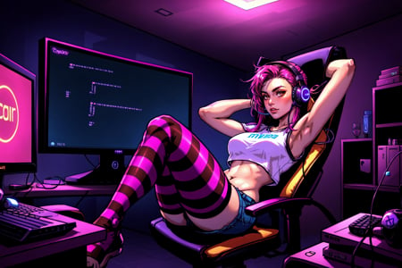 1girl, male focus, genderless, transgender, voluptuous, brown eyes, two tone hair, pink hair, blue hair, long hair, stubble, shorts, crop top, striped stockings, thighhighs, computer chair, legs up, sitting, gaming rig, computer desk, gaming headset, LCD monitor, bedroom theme, indoors, neon lighting, twitch streamer, programming