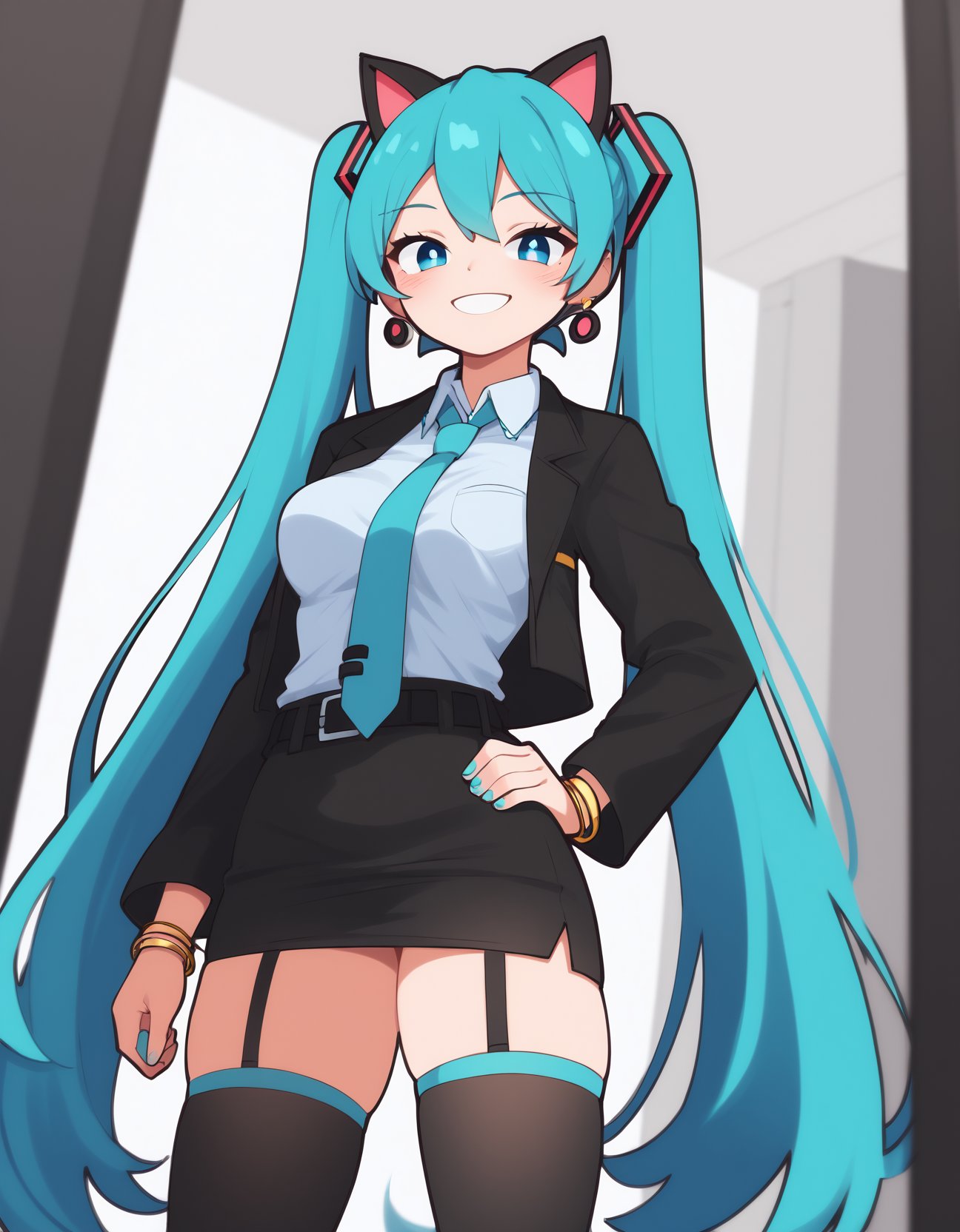 score_9,score_8_up,score_7_up, BREAK score_anime, rating_general,  perfect_hands, perfect_face, depth of field, BREAK1girl, hatsune miku, vocaloid, solo, alternate costume, animal ears, aqua hair, belt, black jacket, black skirt, blue eyes, bracelet, cat ears, collared shirt, cowboy shot, earrings, frilled shirt, frills, garter straps, hand on own hip, jacket, jewelry, long hair, long sleeves, looking at viewer, necklace, necktie, pencil skirt, platform boots, platform footwear, print necktie, shirt, sidelocks, skirt, smile, thighhighs, twintails, very long hair, white shirt, zettai ryouiki <lora:archi-ghelber-style-10:1>, archi-ghelber-style