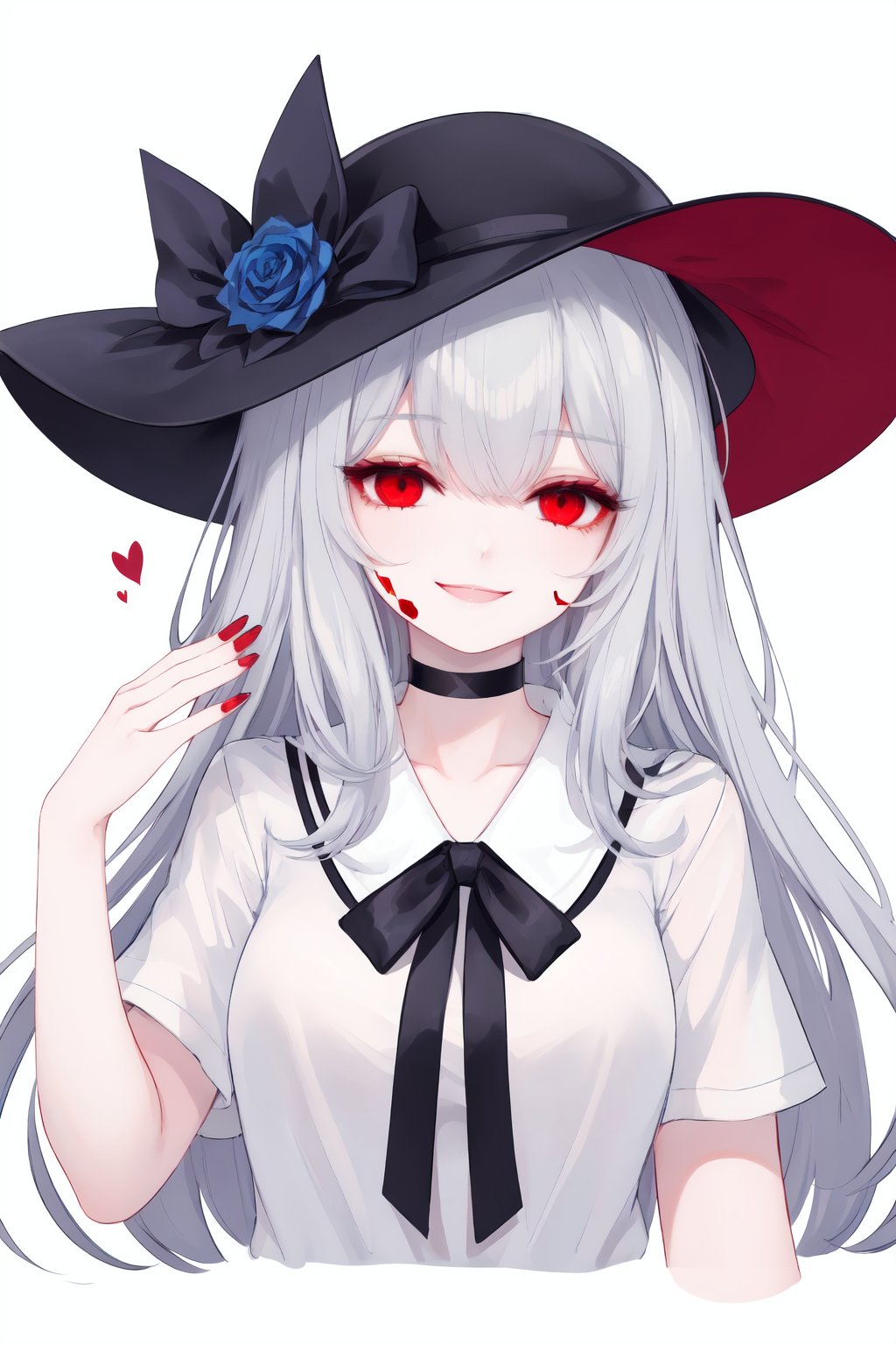 1girl, red eyes, solo, hat, blue flower, heart, signature, blue rose, horns, looking at viewer, smile, choker, flower, black choker, rose, blood, white headwear, black background, bangs, artist name, white hair, bow, hat flower, hair over one eye, sun hat, nail polish, simple background, hands up, upper body, portrait, hat bow, red nails, shirt