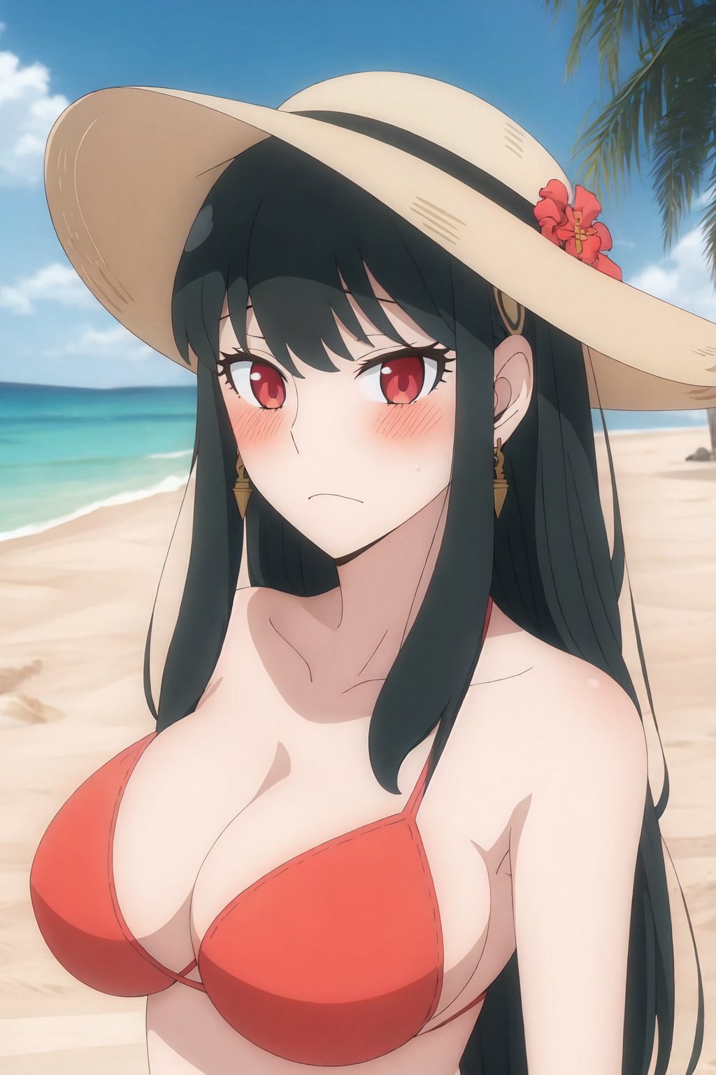 yorforger, 4k, absurd, high resolution, very high resolution, high definition, masterpiece, red eyes, embarrased, blushing, (bikini: 1.2), beach<lora:EMS-352455-EMS:1.000000>