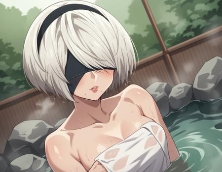 score_9, score_8_up, score_7_up, source_anime,2b, <lora:2b-s1-ponyxl-lora-nochekaiser:1>,2b, yorha no. 2 type b, short hair, white hair, hairband, mole, black hairband, mole under mouth, blindfold, covered eyes, black blindfold,nude, naked, outdoors, onsen, towel, naked towel, steam, bathing, nude cover, partially submerged, water, bath, steam censor, wet towel, blush,solo, dutch angle, looking at viewer, cowboy shot,