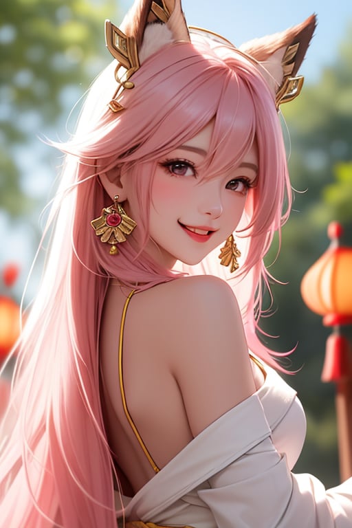 ba shen zi,1girl,solo,pink hair,long hair,animal ears,hair between eyes,jewelry,purple eyes,earrings,looking back,bangs,fox ears,closed mouth,bare shoulders,portrait,blush,breasts,bangs,hair ornament,blurry,paper lantern,closed mouth,looking back,blurry,cheerful demeanor,radiant smile,bright personality,warm-hearted nature,optimistic outlook,vibrant energy,sun-kissed complexion,joyful laughter,free-spirited,carefree attitude,(outgoing nature:1.2),uplifting presence,playful spirit,(positive vibes:1.2),(lively enthusiasm:1.1),(beaming with happiness:1.3),(natural beauty:1.2),(sunshine in her eyes:1.1),(infectious laughter:1.3),<lora:aki-000002:0.5>,