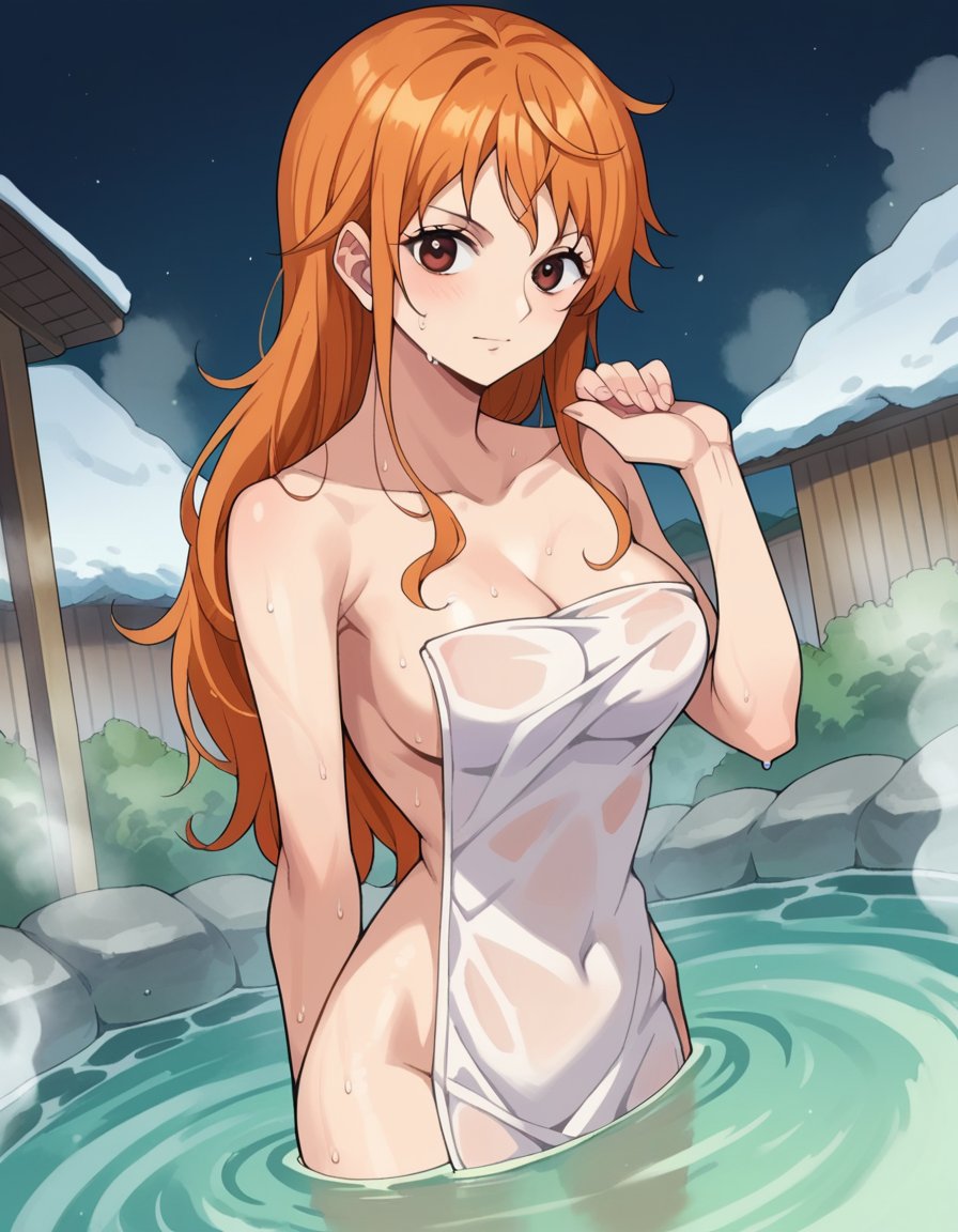 score_9, score_8_up, score_7_up, source_anime,onepiecenami, <lora:one-piece-nami-s15-ponyxl-lora-nochekaiser:1>nami, long hair, orange hair, brown eyes,nude, naked, outdoors, onsen, towel, naked towel, steam, bathing, nude cover, partially submerged, water, bath, steam censor, wet towel,looking at viewer, dutch angle, cowboy shot