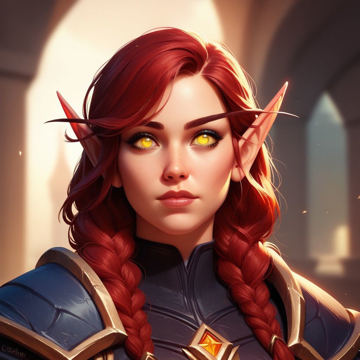 score_9, score_8_up, 8, score_7_up, score_6_up, (dynamic lighting:1.1), ((masterpiece)), solo, portrait, (((beautiful, hyper realistic, high quality))), portrait, score_9, score_8_up, score_7_up, Elf, Pointed ears, Long eyebrows, 1girl, red hair, yellow eyes, leather armor, iron shoulder pads, fantasy background, blurred background