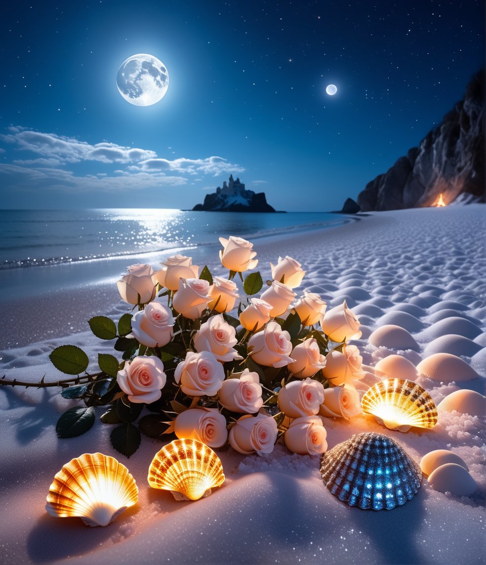 castle, flowers, delicate scene, sky,white clouds,and sunlight shine on the snow-white beach. flowers roses and shiny large shells,  diamond crystal, on the beach, fantasy, sky night , moon, smoke , fire, photo, HD, 8K ,