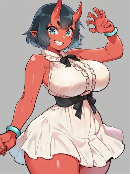 score_9, score_8_up, score_7_up, score_6_up, 1girl, oni girl, red skin, horns, dress, sexy, curvy, huge breasts, narrow waist, wide hips, thick thighs, looking at viewer, cowboy shot, cartoon, dynamic pose, smile, cute, wide shot, simple background, solo,<lora:AgawaRyoXLP_Style:1> AgawaRyoXLP