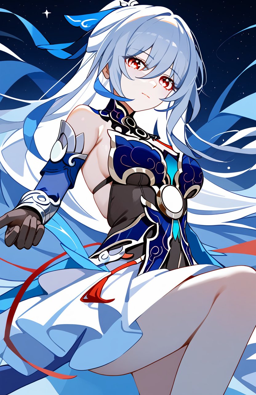 <lora:镜流2pony:1>,jingliu,a girl named jingliu,jingliu (honkai: star rail),1girl,bare shoulders,high ponytail,detached sleeves,looking at viewer,white skirt,black gloves,blue dress,best quality,starry sky,, (score_9,score_8_up,score_7_up),(masterpiece,best quality,high quality:1.2),absurdres, 4k, uncensored, prefect lighting, rating_explicit, very aesthetic, anime BREAK