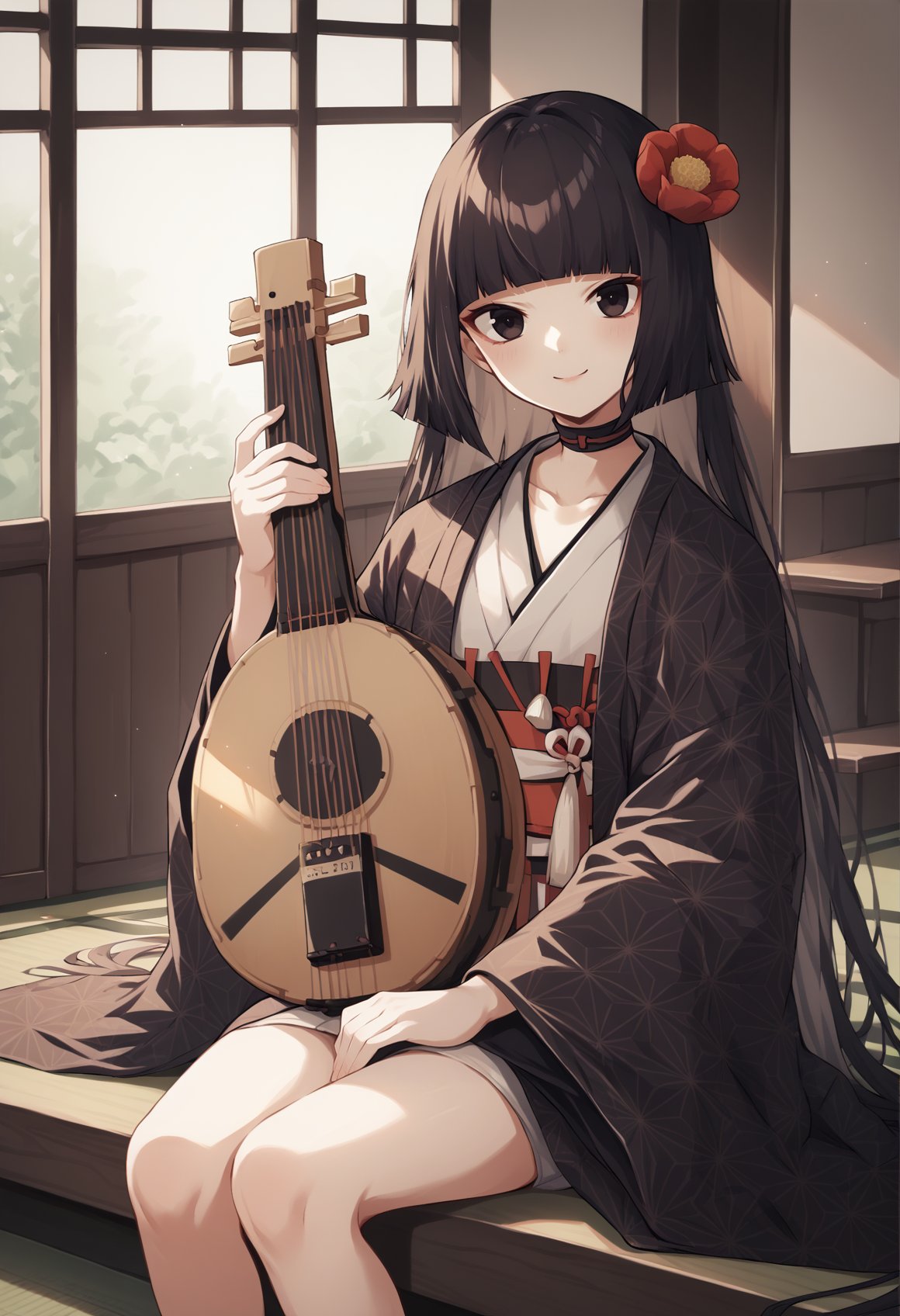 1girl, pale skin, long hair, black hair, black eyes, hime cut, hair ornament, hair flower, blunt bangs, choker, japanese clothes, kimono, black kimono, obi, wide sleeves, sitting, playing instrument, smile, indoors, japanese house, <lora:SenHime:1>, score_9, score_8_up, score_7_up, score_6_up, score_5_up, score_4_up, BREAK source_anime, masterpiece