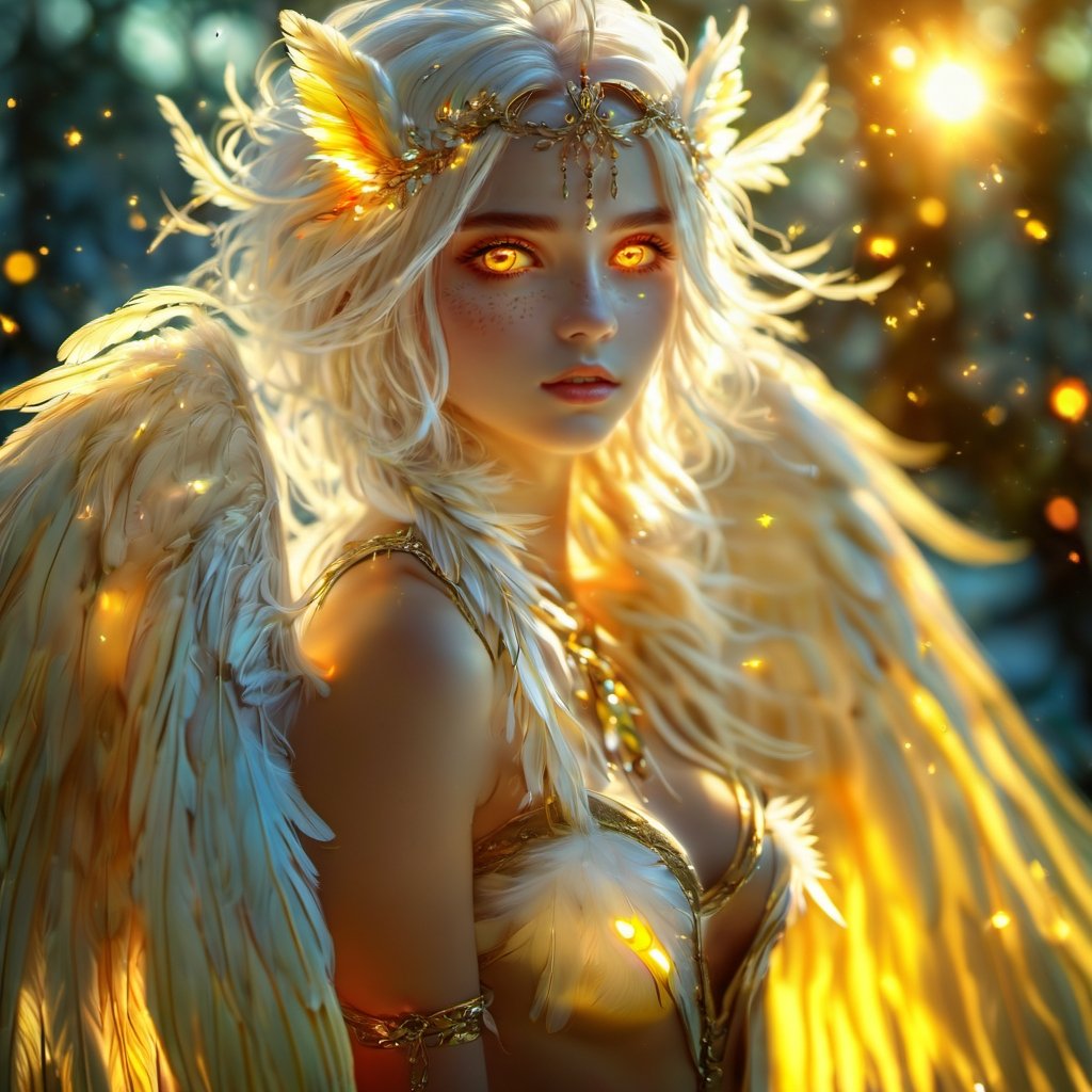 <lora:xltk:0.9>,white wings,1girl,solo,wings,yellow eyes,feathers,upper body,looking at viewer,glowing,feathered wings,jewelry,long hair,glowing eyes,breasts,white hair,freckles,necklace,lips,parted lips,blurry,small breasts,hair ornament,