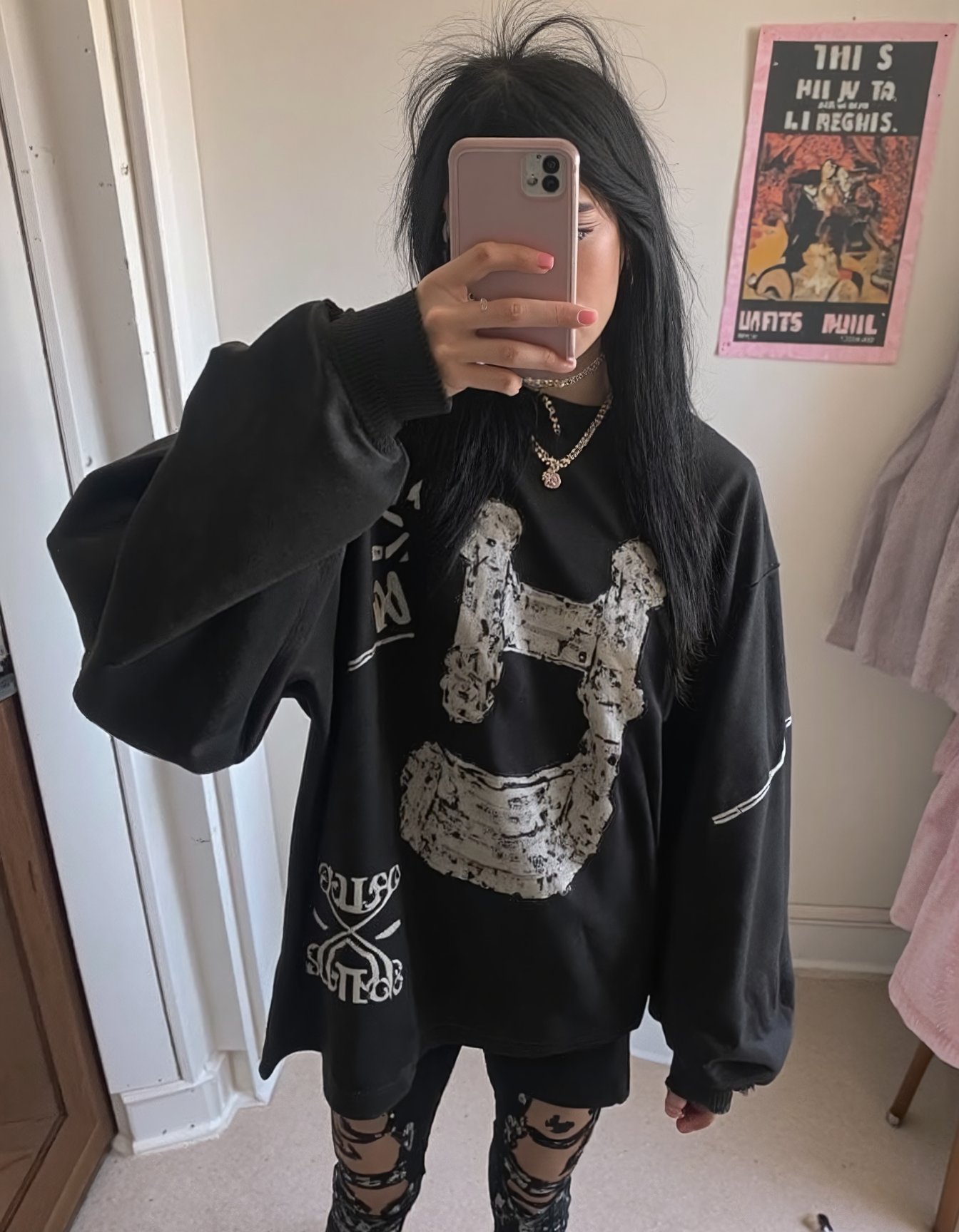 Selfie of a goth girl. She is wearing oversized clothes. <lora:Aesthetic_Amateur_Photo_V4:1.25>