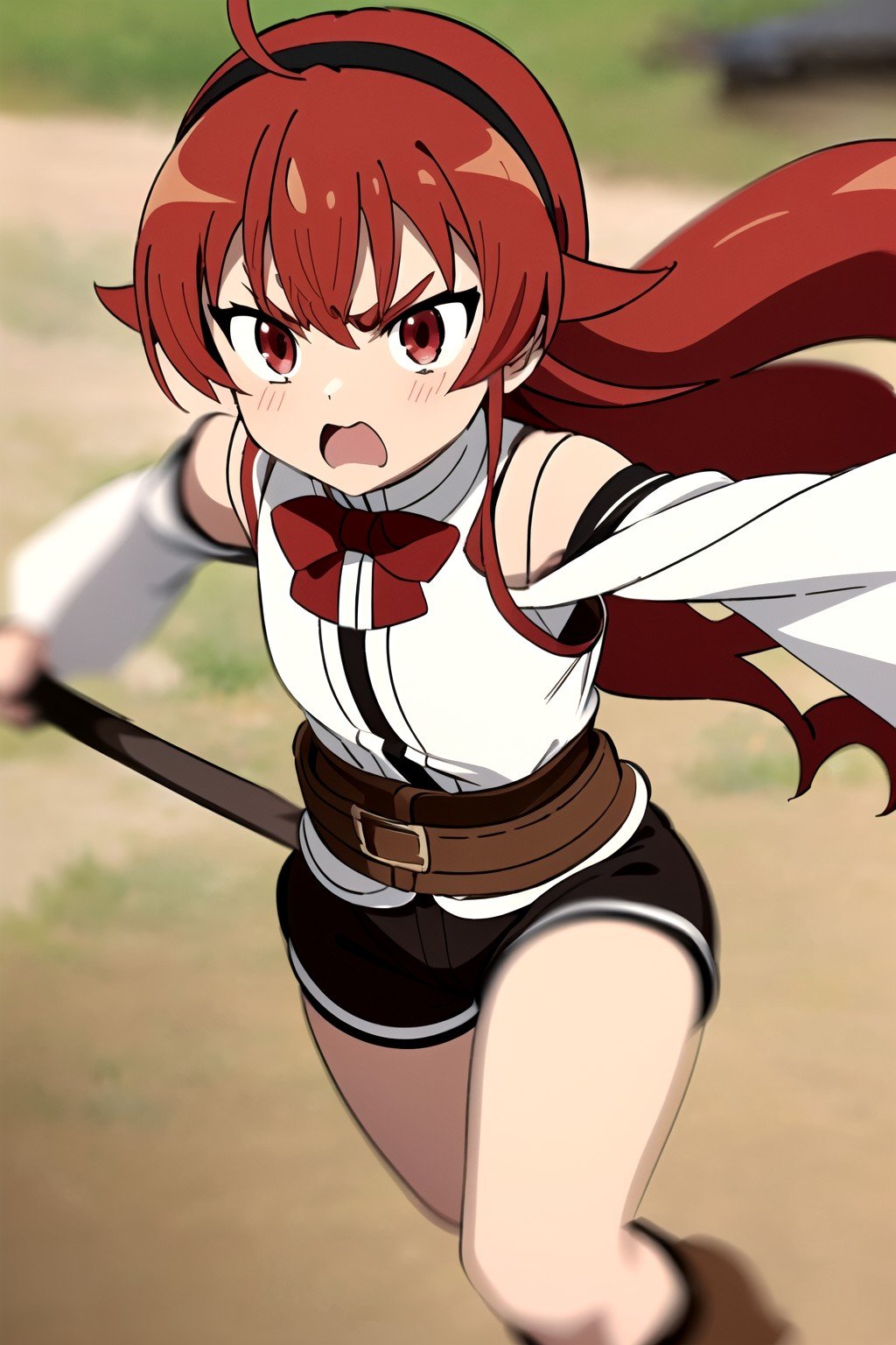 (masterpiece:1.4), (best quality:1.4), (((pixel-perfect, detail-perfect))),1girl, solo, eris boreas greyrat, red hair, long hair, hair between eyes, ahoge, black hairband, thick eyebrows, red eyes, small breasts, (white shirt, long sleeves, wide sleeves, elbow straps:1.25), (armor, leather breastplate:1.35), red bowtie, black puffy shorts, brown boots, wielding wooden sword \(weapon\), (serious, open mouth), (incoming attack, ((motion lines)), blurry background:1.45), looking at viewer, flat, flat colors, 2D, (anime:1.35), <lora:Eris Boreas Greyrat (Mushoku Tensei):0.7>