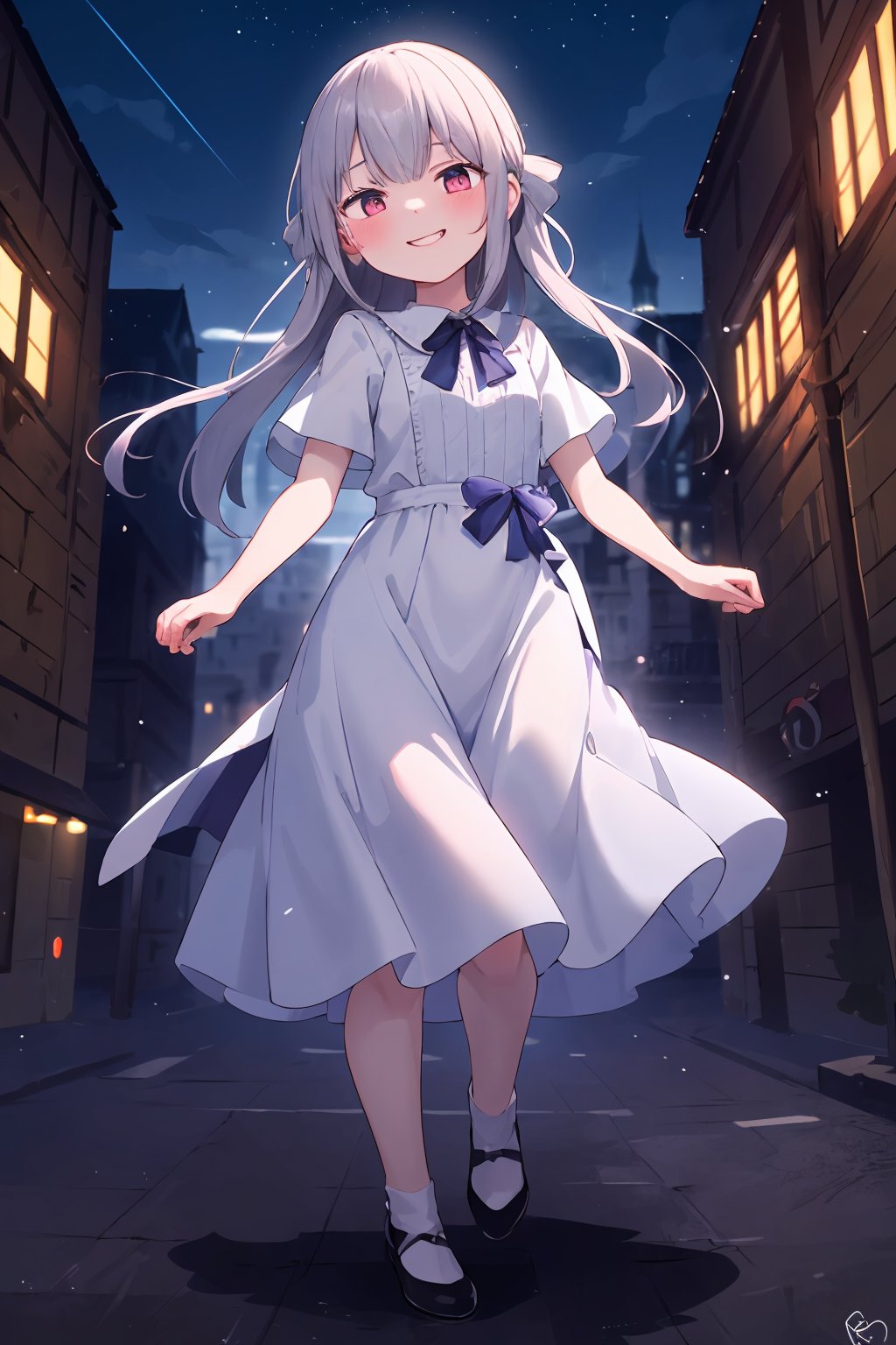 (masterpiece, best quality:1.4),1girl,mesugaki,(evil smile:0.8),<lora:mesugaki:0.7>,white dress,castle,night_sky,Cinematic Lighting,city_lights,