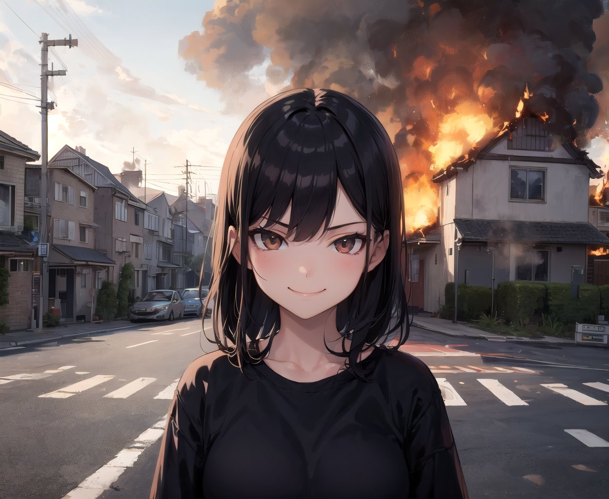 masterpiece, best quality, 1girl, outdoors, street, house on fire, burning, evil smile, looking at viewer, closed mouth, smug,  