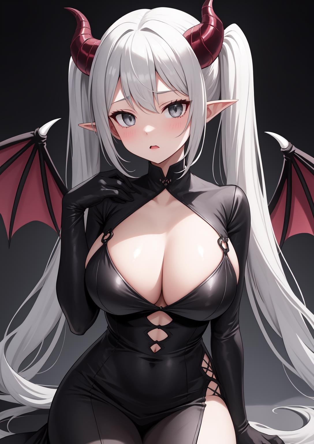 masterpiece, best quality, 1girl, breasts, cleavage, demon_girl, demon_horns, demon_tail, demon_wings, dress, duel_monster, gloves, grey_eyes, grey_hair, hand_up, horns, large_breasts, low_wings, pointy_ears, solo, tail, twintails, wings