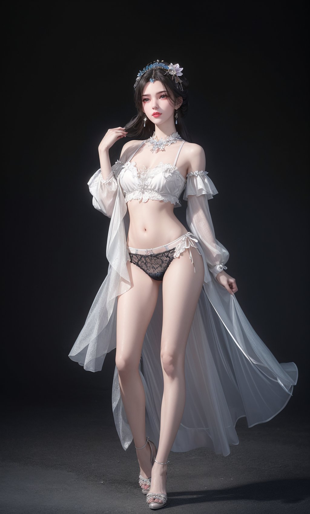 (Solid background:1.2),masterpiece,(best quality),official art,extremely detailed cg 8k wallpaper,(extremely delicate and beautiful),solo,realistic,photo_\(medium\),full body,d'orsay heels,facial tattoo,(High-cut seamless panties with a no-show design.),adfxx,1girl,portxx,solo,earrings,flowerhair bun,hair flower,black hair,hair ornament,realistic,<lora:40muwan_v4.1:0.6>,adfxx,