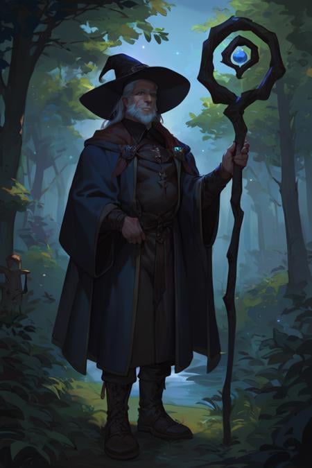 score_9, score_8_up, score_7_up, wizard, old, 1boy, old man, male focus, hat, beard, solo, staff, witch hat, facial hair, forest, nature, robe, long hair, looking at viewer, tree, holding, white hair, outdoors, holding staff, boots <lora:Smooth Anime Night Style SDXL_LoRA_Pony Diffusion V6 XL:1>