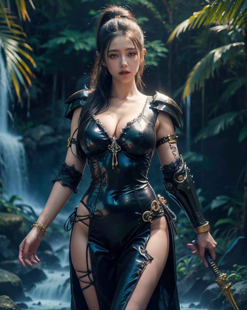 1girl, solo, looking at viewer, large breasts, cleavage, wide hips, thicc, black hair, ponytail hair, thigh gap, black bodysuit, shoulder armor, fishnet, single gauntlet, bracelet, female warrior, magical world with waterfall background, fantasy<lora:Zephyr Fantasy Art:0.8> Fantasy, masterpiece, high quality,