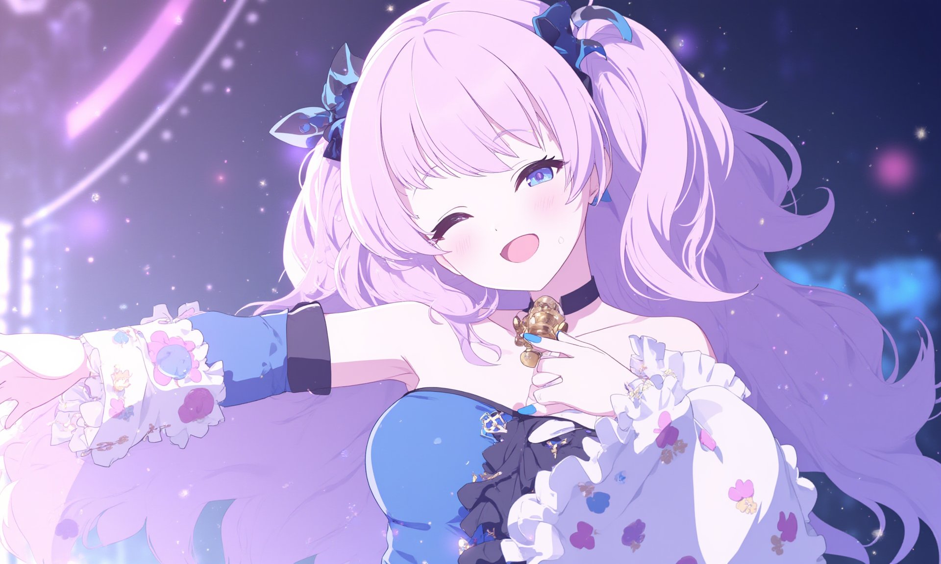 1girl,    holding microphone, black sleeves, neck bell, smile, hand up, multicolored sleeves, open mouth, upper body, blue eyes, blue nails, dress, hair rings, breasts, singing, multicolored clothes, sparkle, blush, long hair, detached sleeves, music, one eye closed, holding, microphone, large breasts, solo, looking at viewer, strapless, collarbone, black collar, single sidelock, swept bangs, white sleeves, sidelocks, pink hair, bell, outstretched arm, blue sleeves, blue dress, collar <lora:BastylrV2:1>