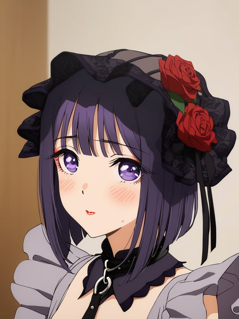 masterpiece,bestquality,<lora:kitagawa_marin-000004:0.9>,kitagawa marin,1girl,purple eyes,solo,purple hair,wig,looking at viewer,flower,bangs,rose,blush,cosplay,black collar,bonnet,collar,portrait,red flower,