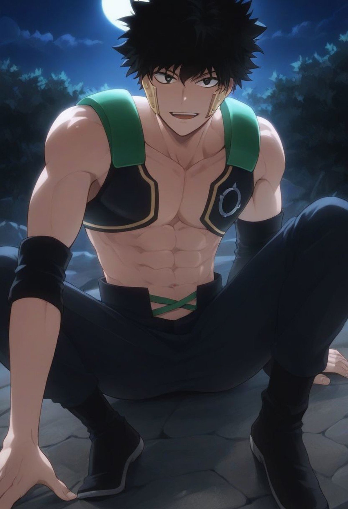 score_9, score_8_up, score_7_up, source_anime, anime, anime coloring, looking at viewer, 1boy, solo, male focus, toned male, seductive smile, open mouth, Yo Shindo, black eyes, night,  legs spread, sitting, pants