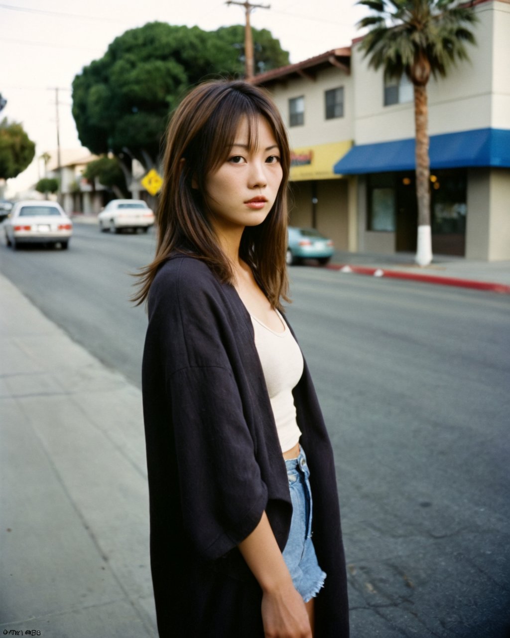 Nikon Shoot,Japanese model Woman, dark Blond hair, dark color cloth, standing in middle of a street in California, Full shot, shot by Yashica Electro 35 GS, Lens 45mm F1.7, Kodak Portra 400