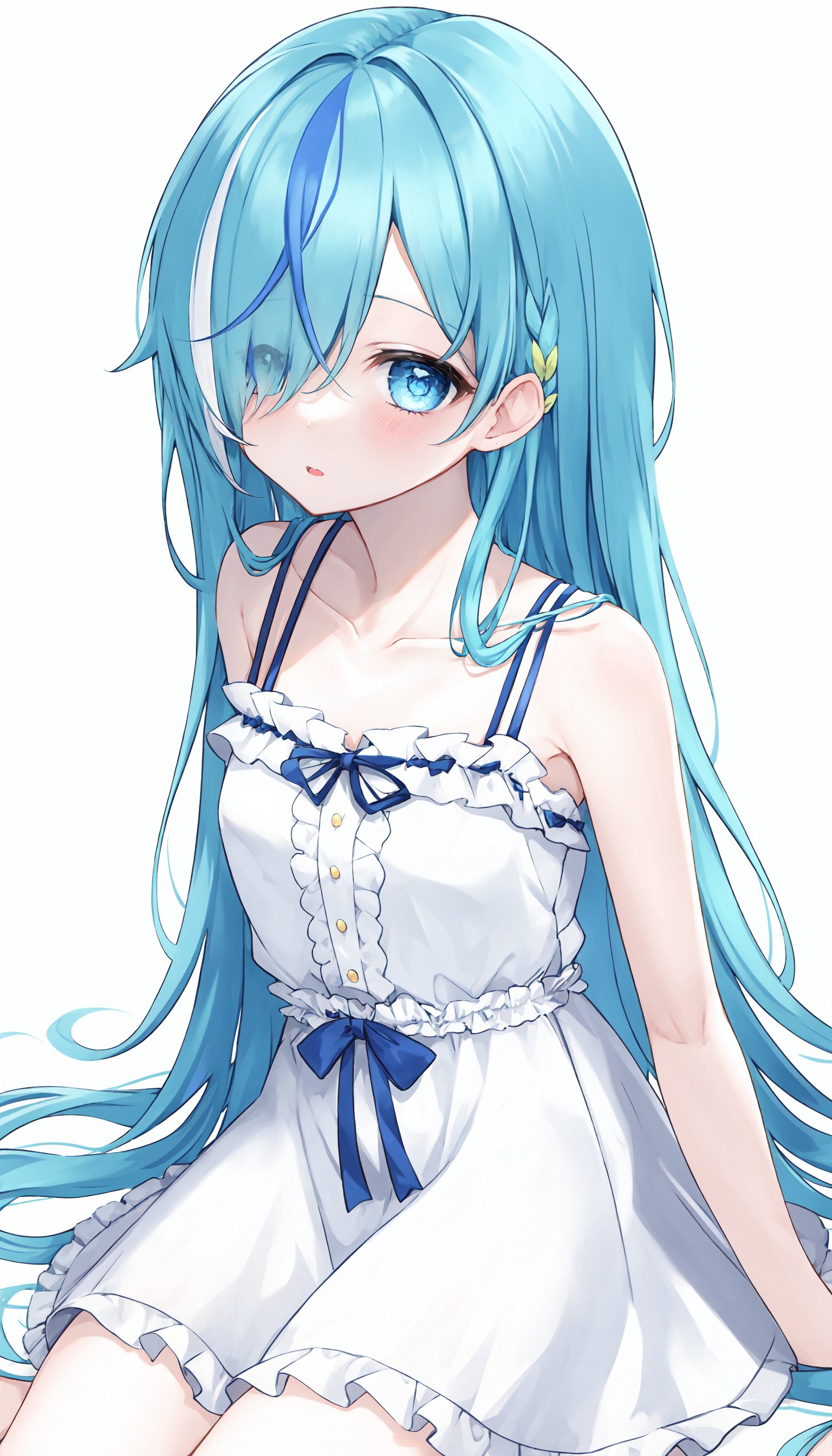 1girl, solo, dress, multicolored hair, hair over one eye, sleeveless dress, white dress, bare shoulders, frills, blue eyes, frilled dress, blue hair, long hair, collarbone, looking at viewer, virtual youtuber, sleeveless, strap slip, bare arms, parted lips, white hair, white background, streaked hair, bow, sitting, bangs, two-tone hair, blush, flower, very long hair